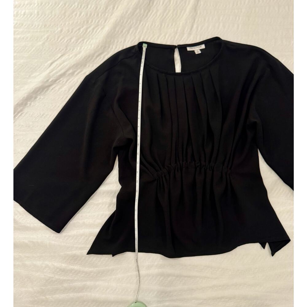 Black Pleated Blouse Pintuck 3/4 Sleeve Stretch Woven Minimalist Small Workwear - Picture 8 of 15